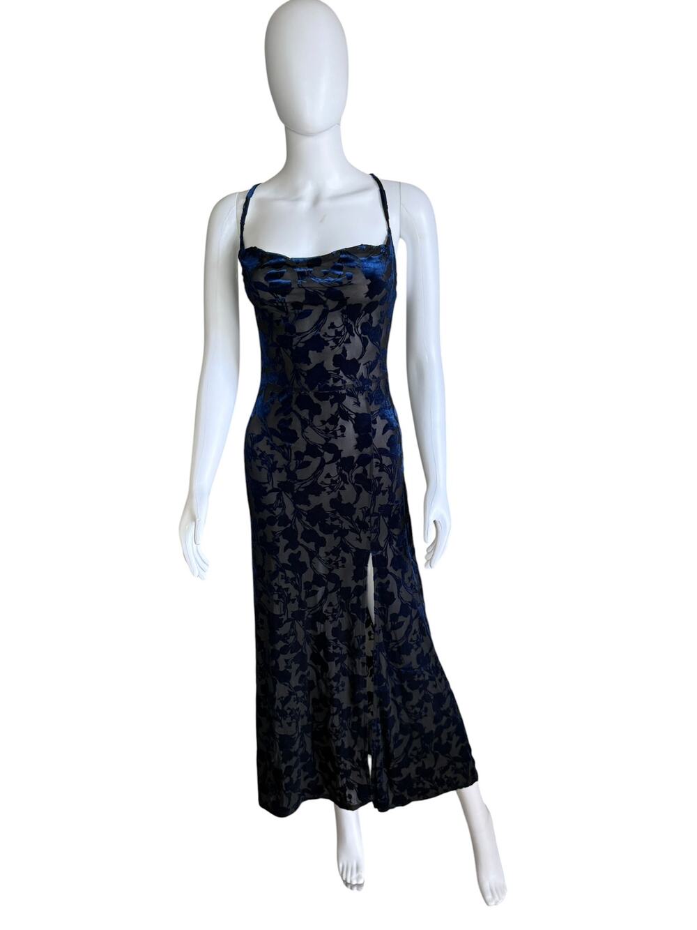 Blue Black Burnout Velvet Floral Slip Maxi Dress Cowl Neck